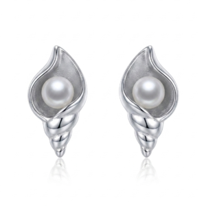 Silver Seashell with Pearl Stud Earrings