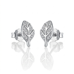 Silver Sleek Leaf Cz Stud Earrings