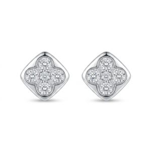 Silver Cz Clover Inside Square Stud Earrings
