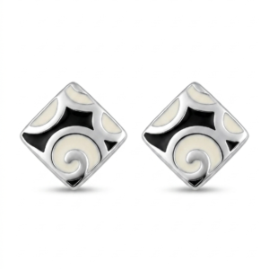 Silver Black & White Enamel Square Stud Earrings