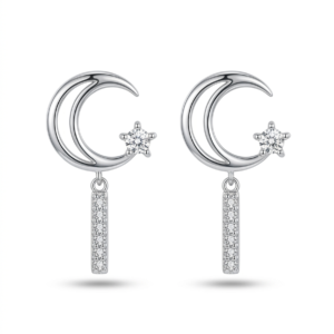 Silver Star & Moon With Drop Bar Earrings