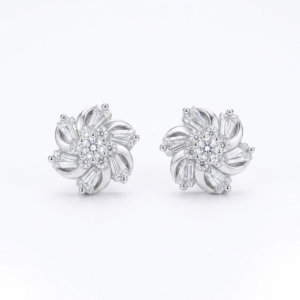 Silver Floral Baguette Cz Stud Earrings