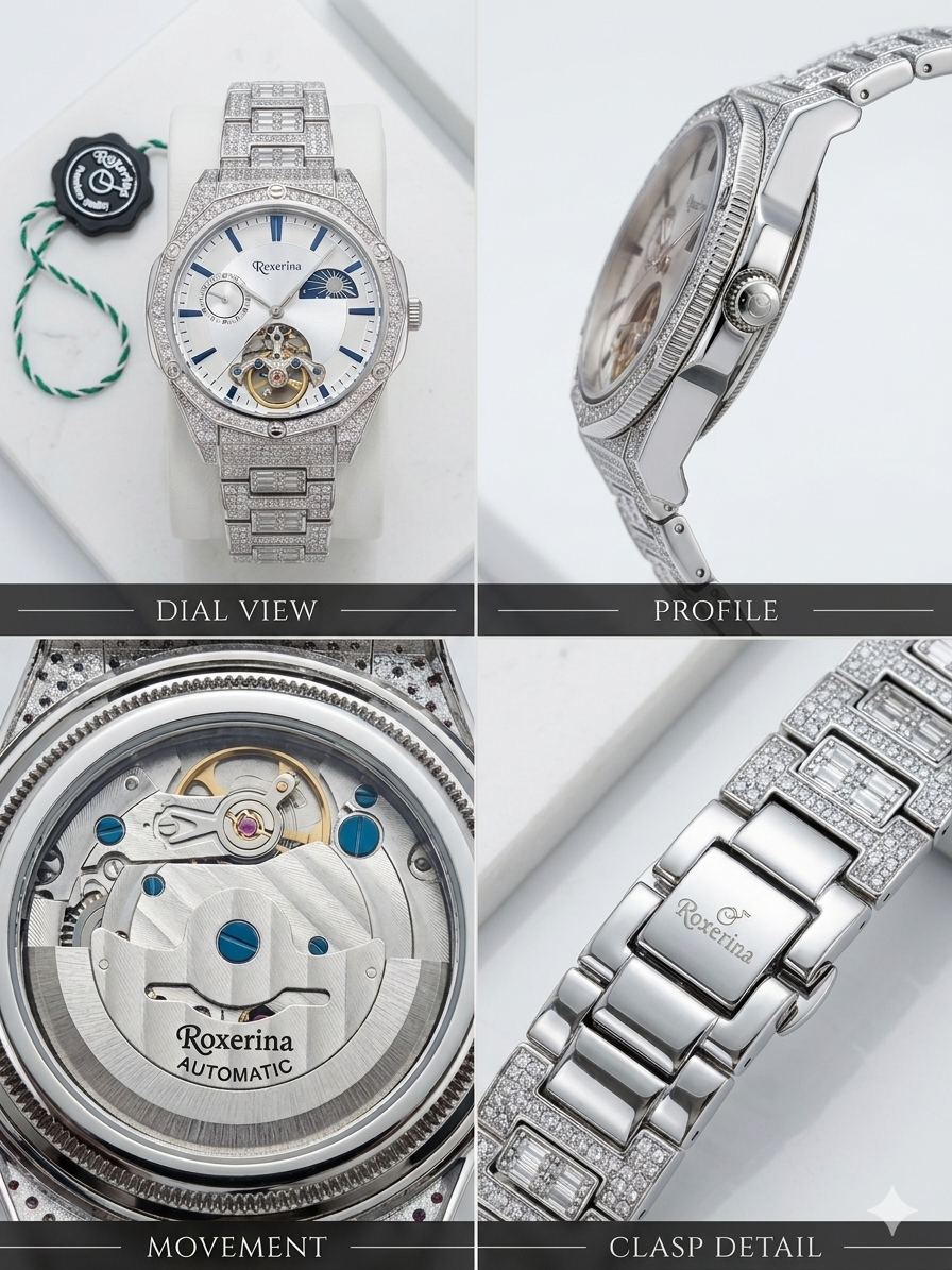 Silver 925 Lunar Brilliance Cz Diamond Automatic Watch For Men - Image 2