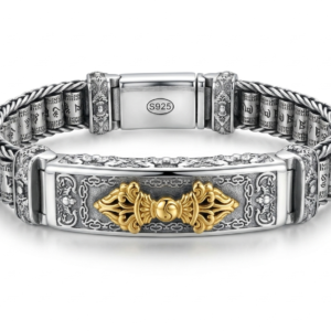 Silver Two-Tone Tibetan Vajra ID Bracelet with Spinning Cylinder Links
