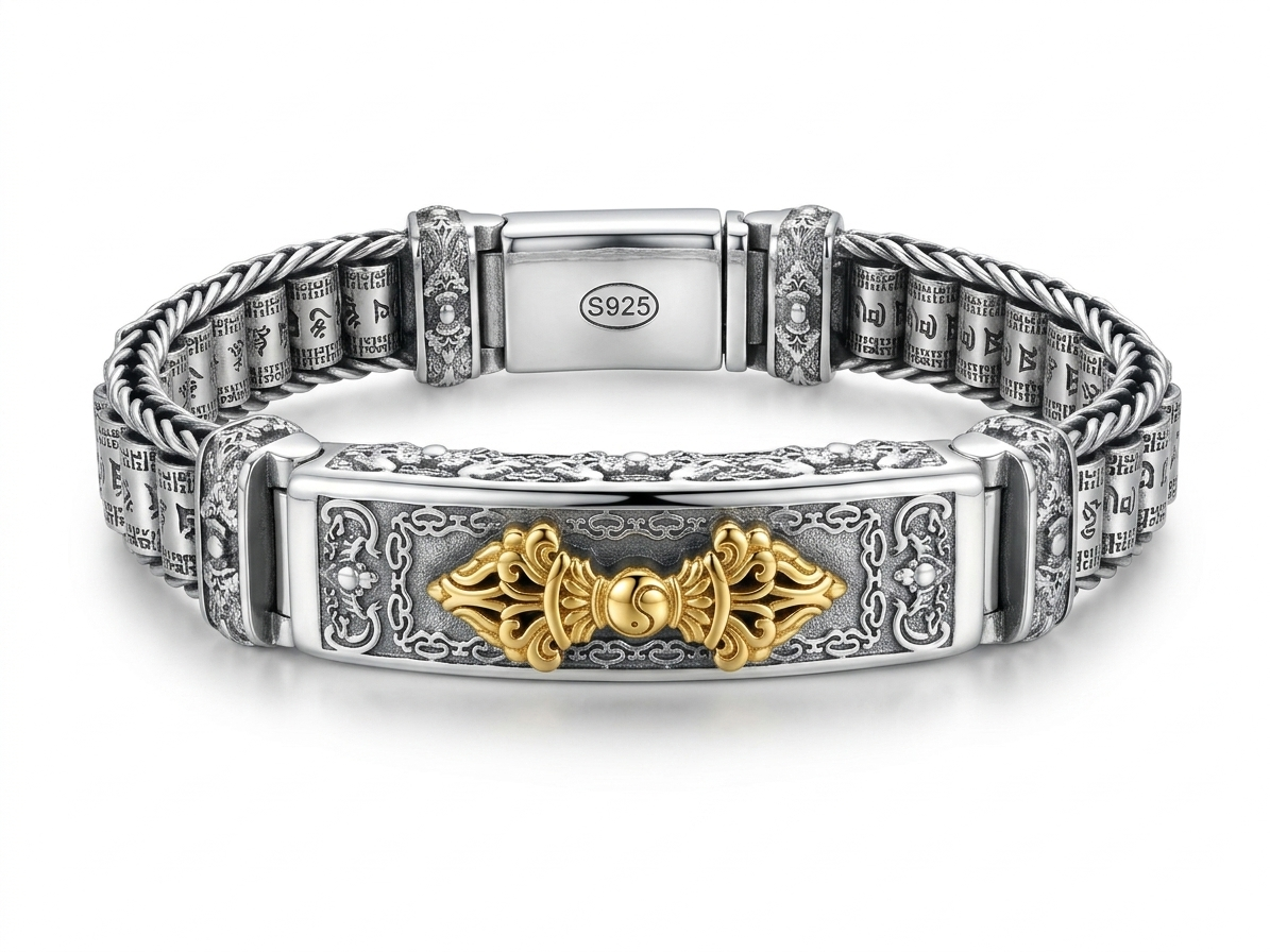 Silver Two-Tone Tibetan Vajra ID Bracelet with Spinning Cylinder Links