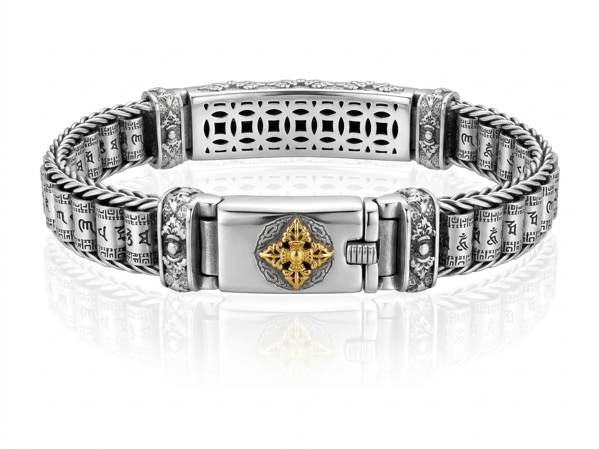 Silver Two-Tone Tibetan Vajra ID Bracelet with Spinning Cylinder Links - Image 2
