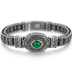 Silver Emerald Green Stone Men's Braided Statement Bracelet