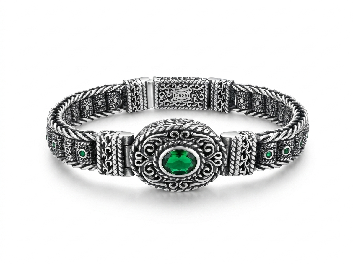 Silver Emerald Green Stone Men's Braided Statement Bracelet
