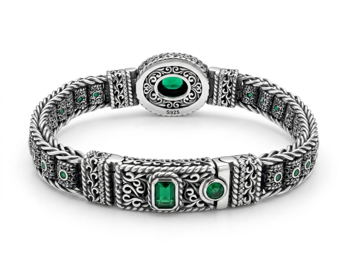 Silver Emerald Green Stone Men's Braided Statement Bracelet - Image 3