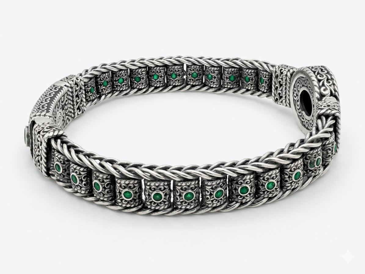 Silver Emerald Green Stone Men's Braided Statement Bracelet - Image 2