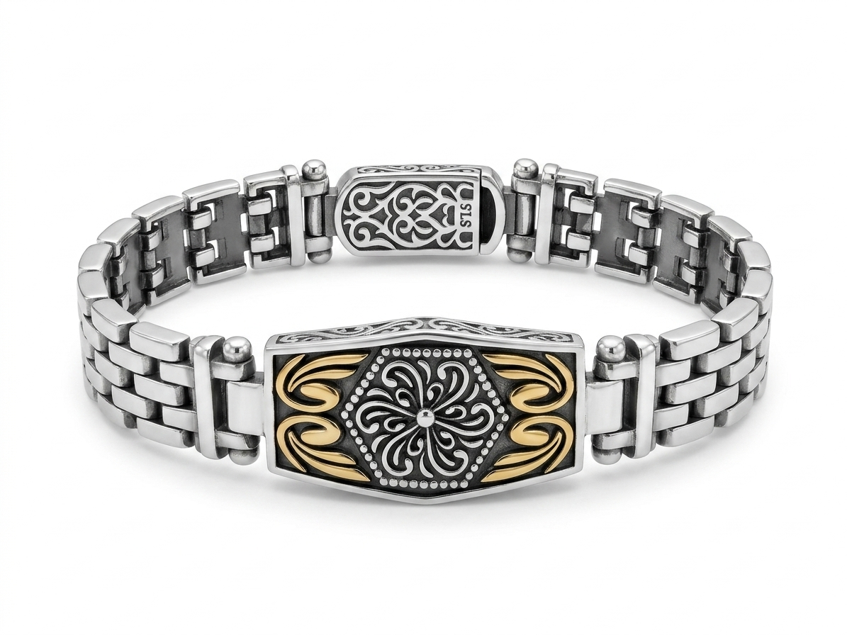 Silver Two-Tone Imperial Medallion Men's Link Bracelet