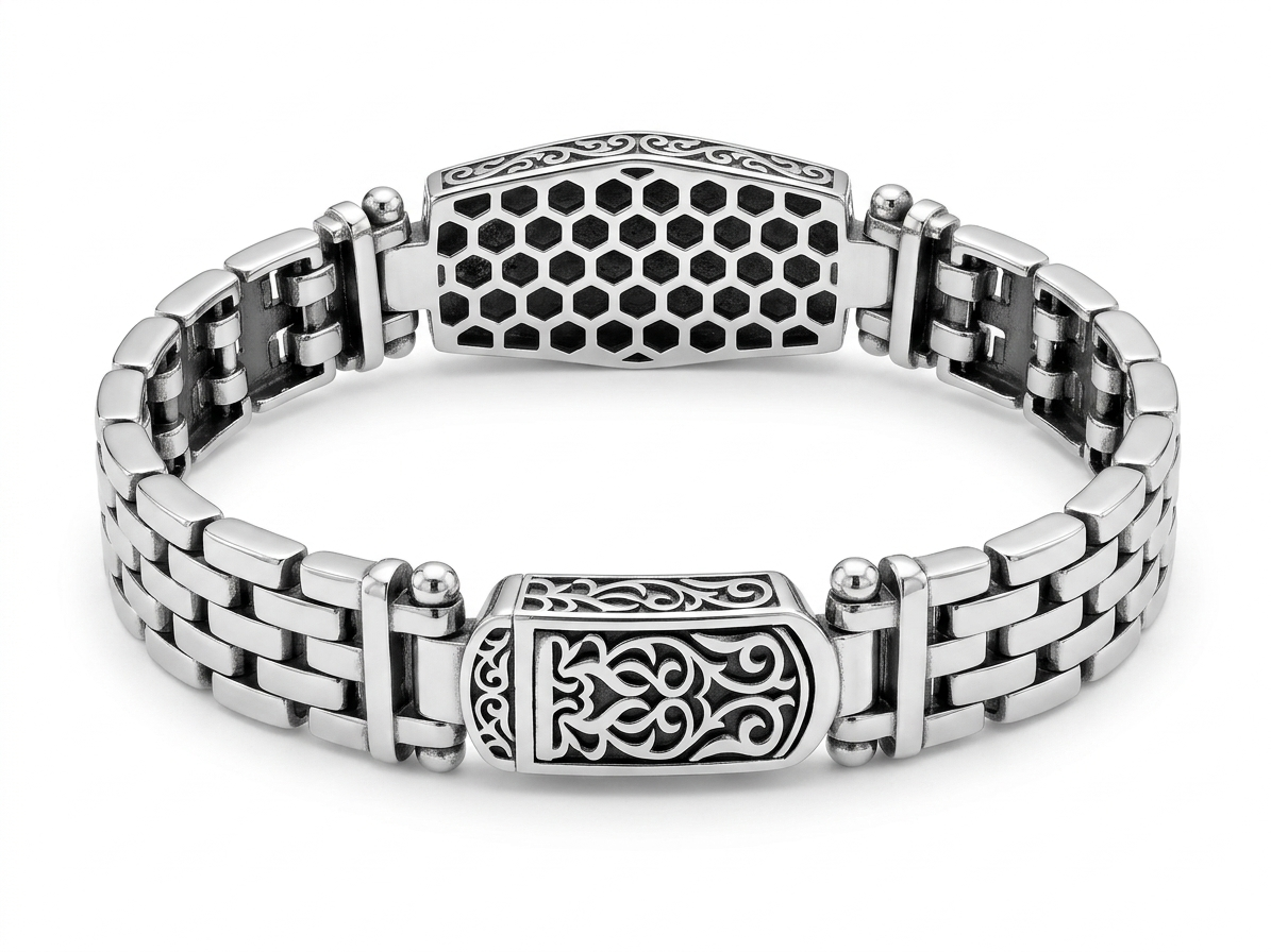 Silver Two-Tone Imperial Medallion Men's Link Bracelet - Image 3