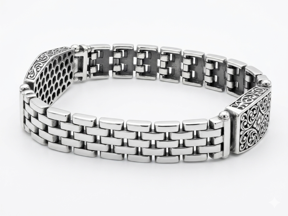 Silver Two-Tone Imperial Medallion Men's Link Bracelet - Image 2