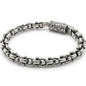 Silver Vintage Oxidised Anchor-Link Bracelet with Textured Barrel Clasp