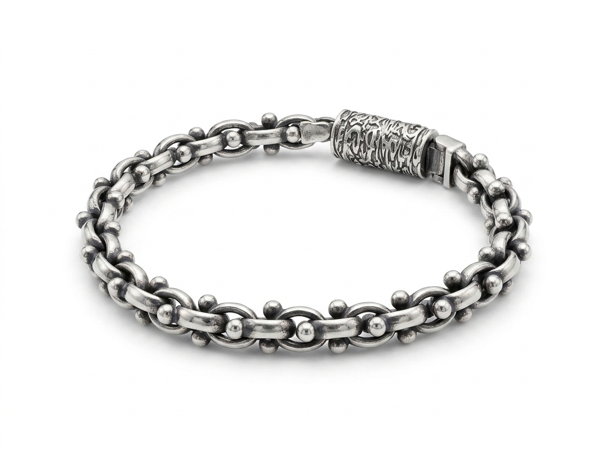 Silver Vintage Oxidised Anchor-Link Bracelet with Textured Barrel Clasp
