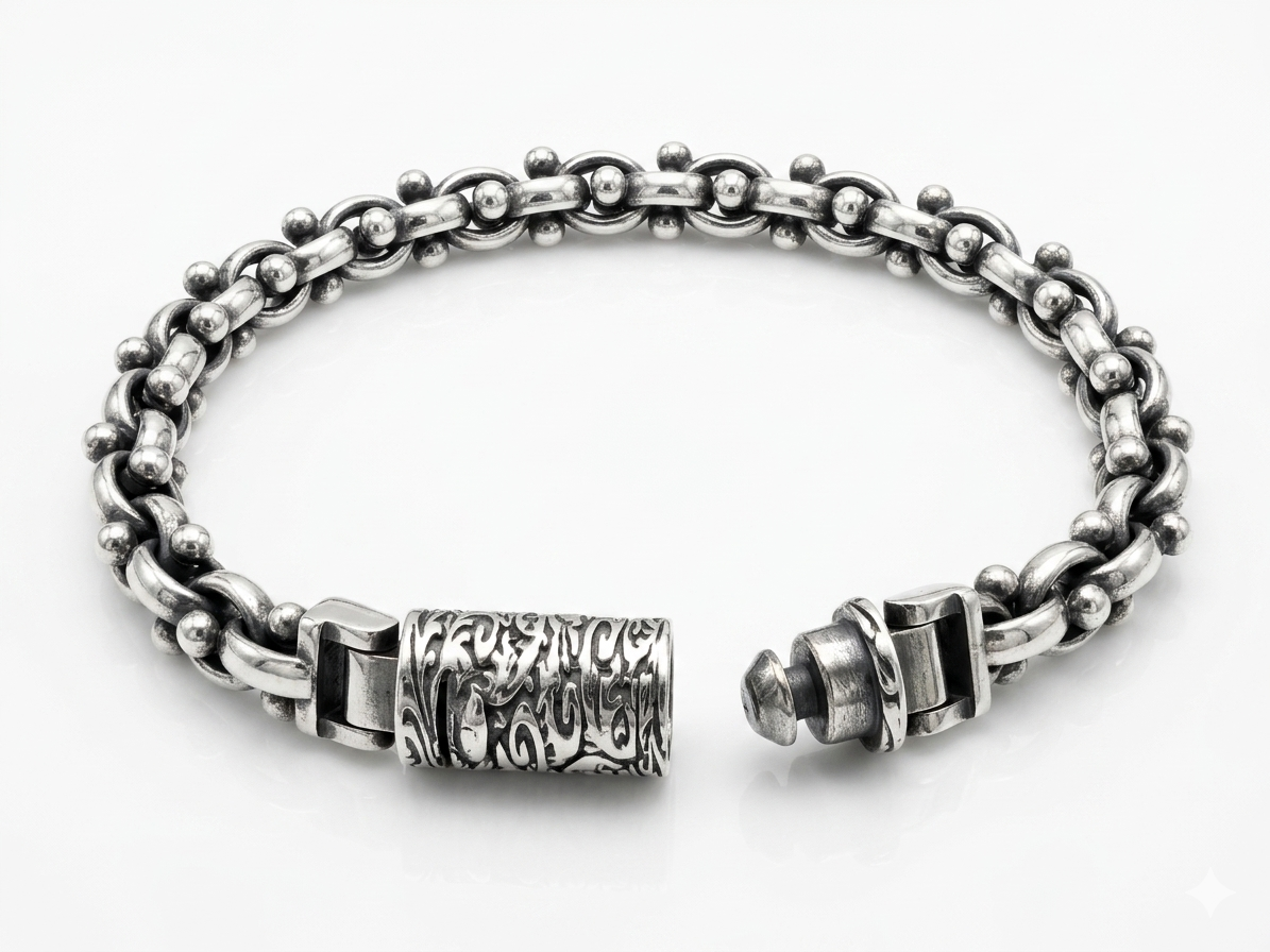 Silver Vintage Oxidised Anchor-Link Bracelet with Textured Barrel Clasp - Image 2