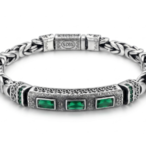 Silver Vintage Oxidized Byzantine Chain Emerald-Green Baguette Cz Bracelet