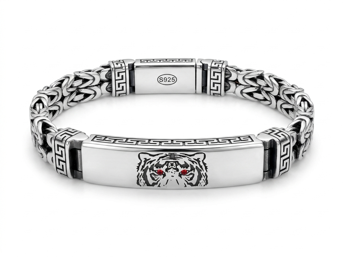 Silver Men’s Byzantine Chain Tiger & Greek Key Bracelet