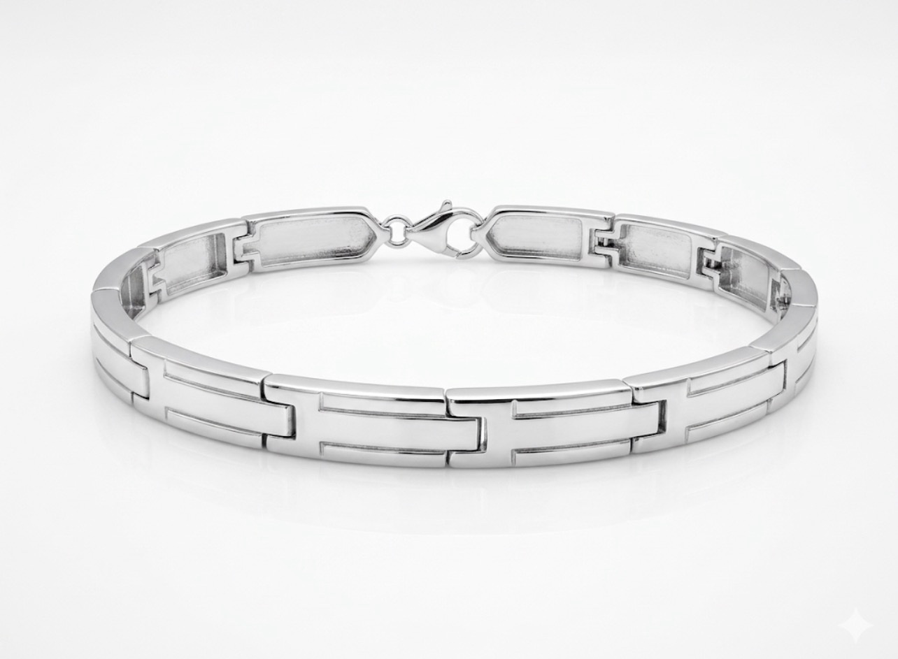 Silver Contemporary Elongated Block H-Link Men's Bracelet