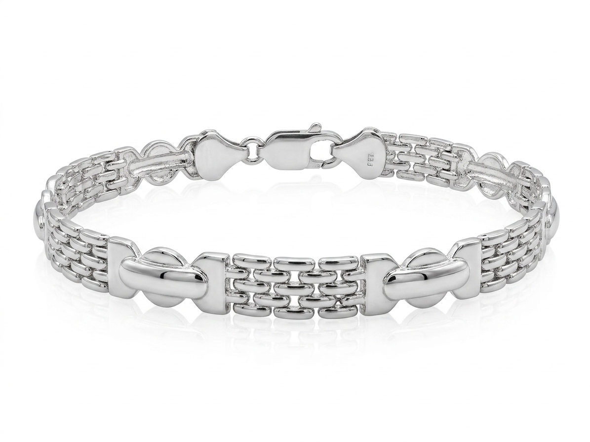 Silver Contemporary Interlocking Mesh & Shield Watch Link Bracelet