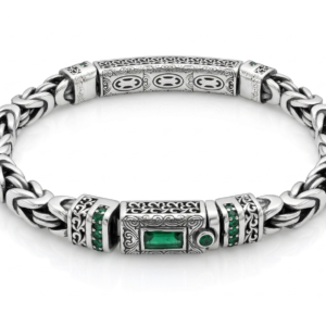 Alternative view of Silver Vintage Oxidized Byzantine Chain Emerald-Green Baguette Cz Bracelet