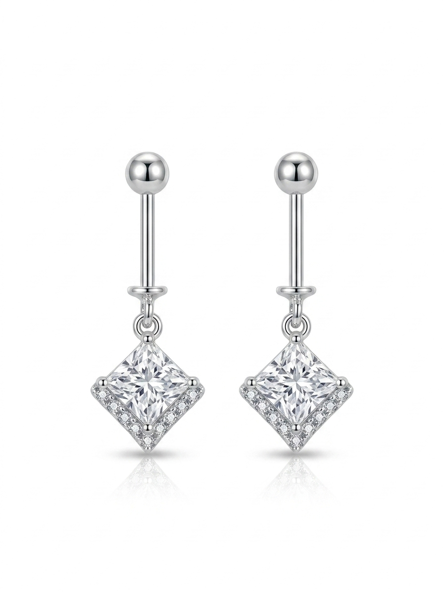 Silver Princess-Cut Cz Halo Drop Helix Earrings