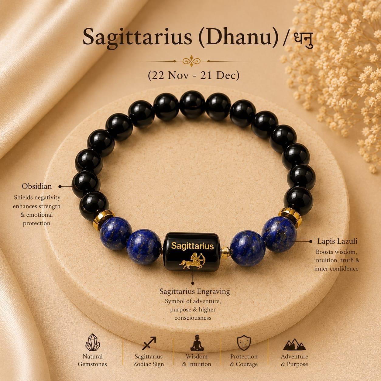 Sagittarius (धनु राशि) Zodiac Black Obsidian & Lapis Lazuli Bracelet