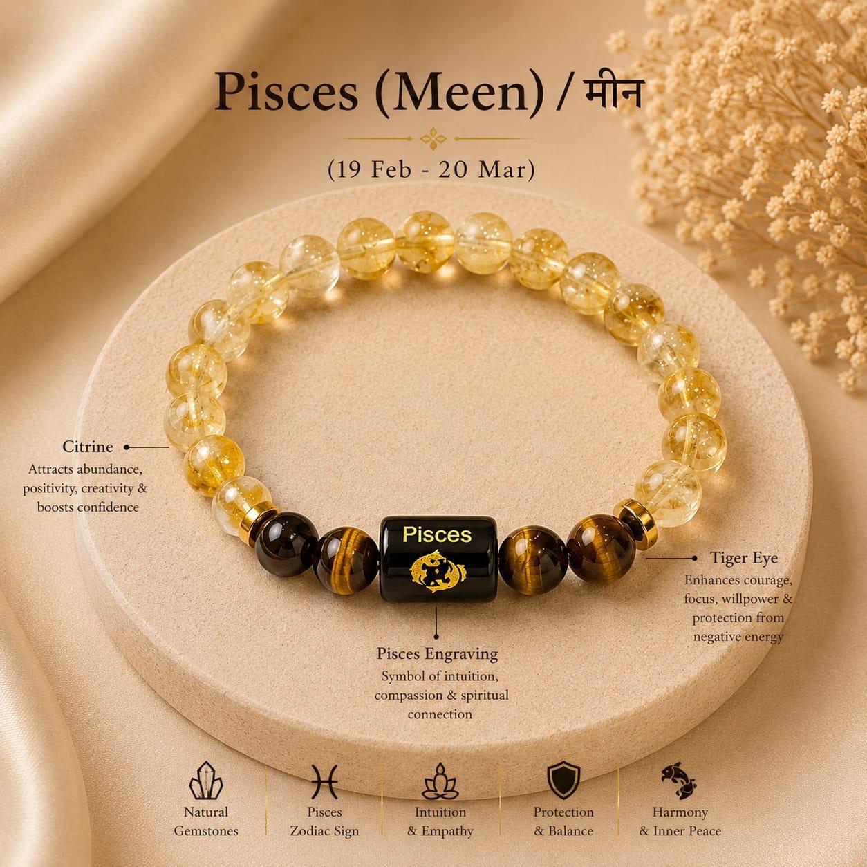 Pisces (मीन राशि) Zodiac Citrine & Tiger Eye Bracelet