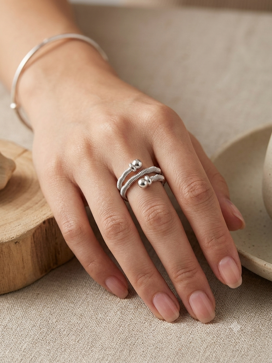 Silver Ribbed Coil – Modern Spiral Wrap Ring