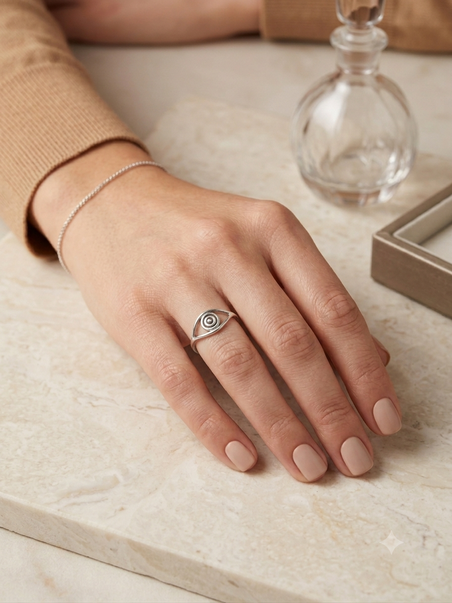 Silver Evil Eye Ring - Spiral Concentric Pupil Protection Band