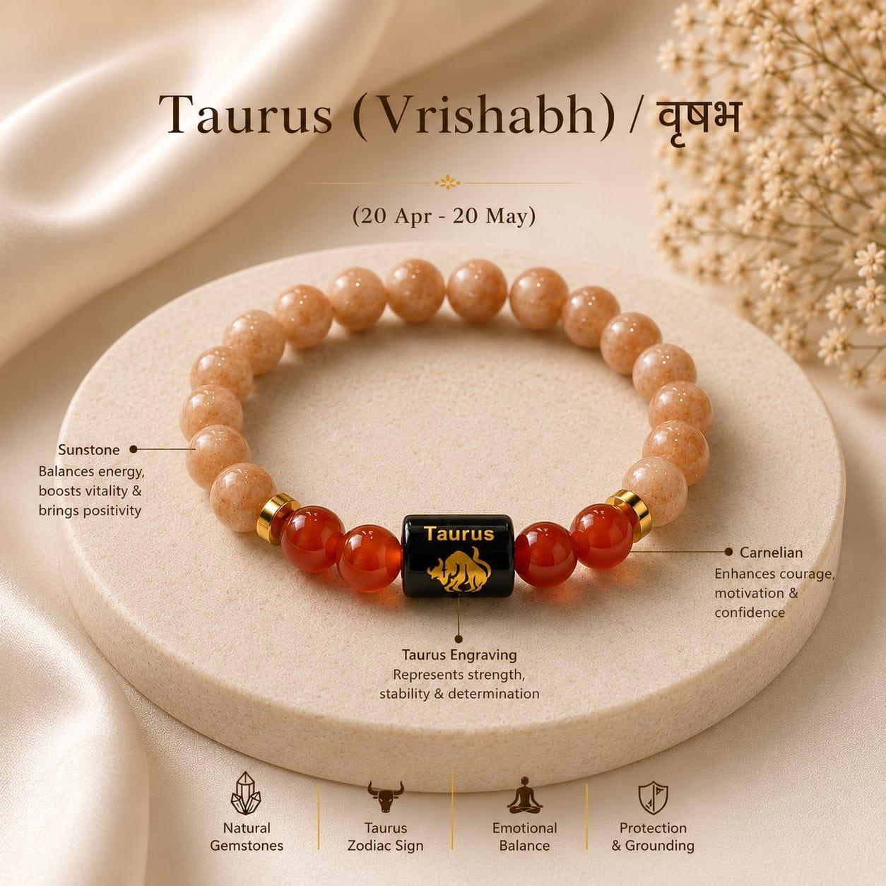 Taurus (वृषभ राशि) Zodiac Sunstone & Carnelian Bracelet