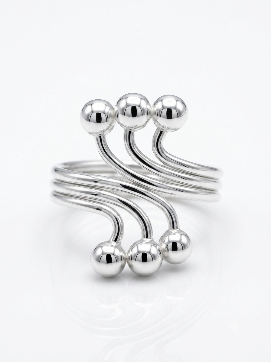 Silver Kinetic Swirl with Ball Finials Statement Ring - Image 2