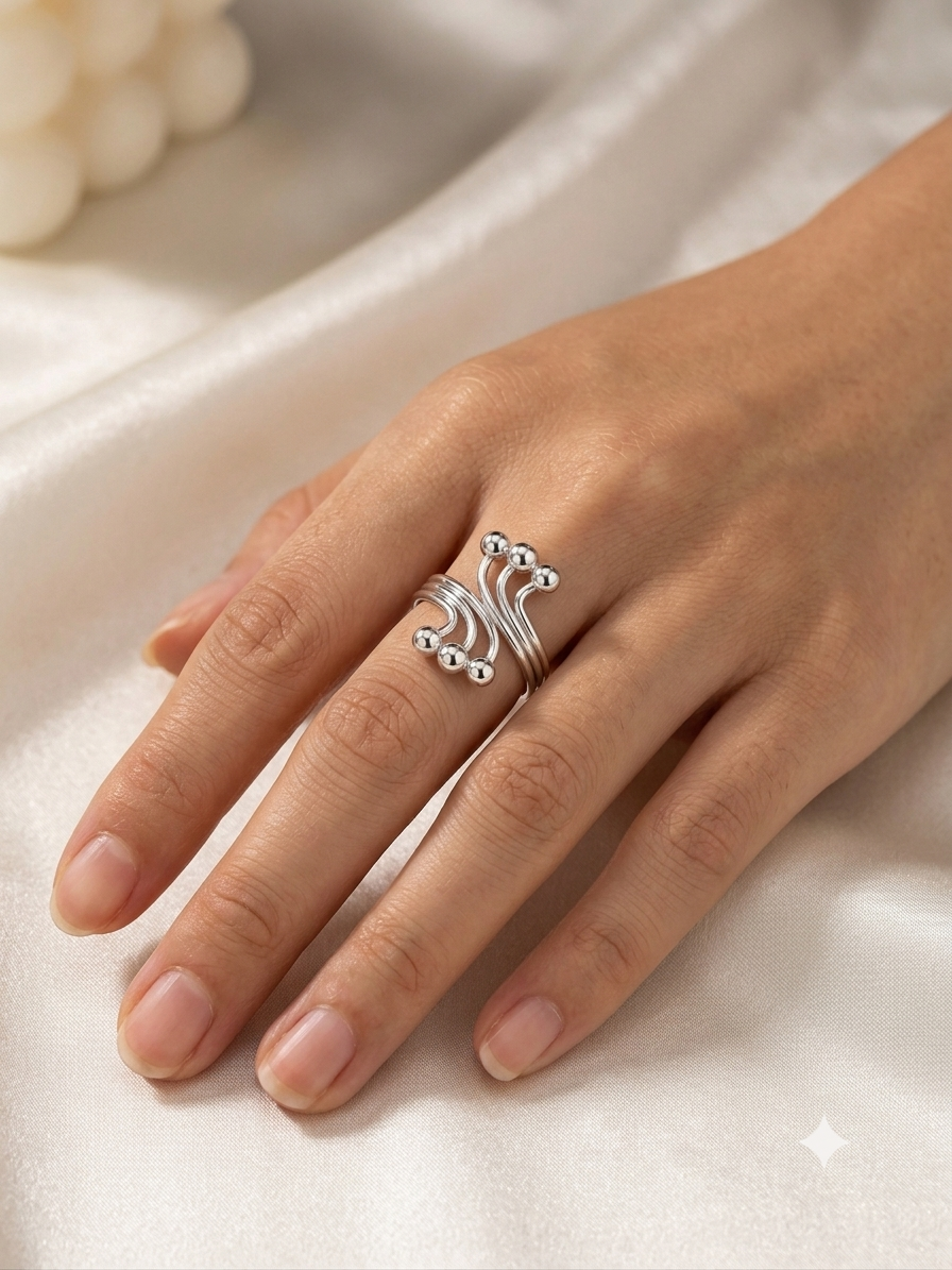 Silver Kinetic Swirl with Ball Finials Statement Ring