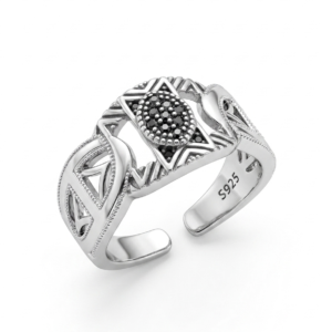 Silver Black Zircon Geometric Ring - Vintage Openwork Pave Band - Image 2