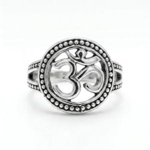 Alternative view of Silver Oxidized Beaded Sacred OM Medallion Ring
