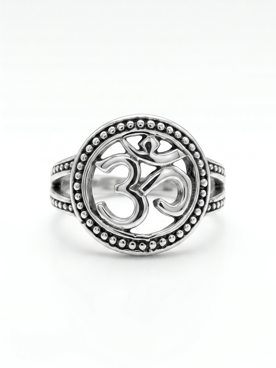 Silver Oxidized Beaded Sacred OM Medallion Ring - Image 2