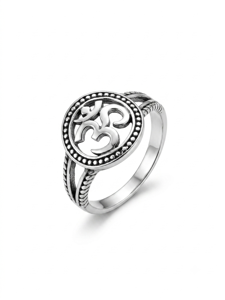 Silver Oxidized Beaded Sacred OM Medallion Ring - Image 3