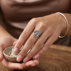 Silver Oxidized Beaded Sacred OM Medallion Ring