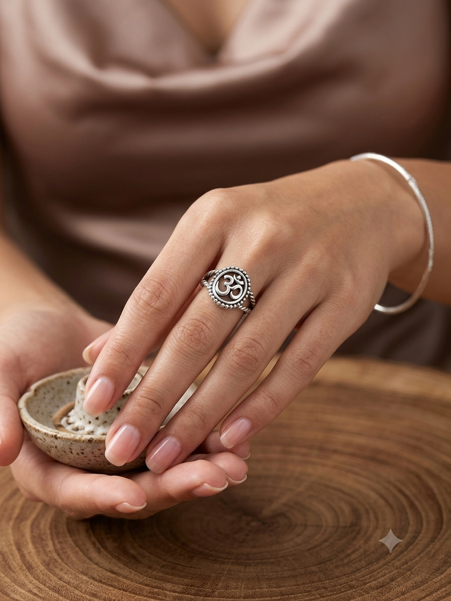 Silver Oxidized Beaded Sacred OM Medallion Ring