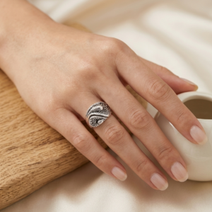 Silver Oxidized Serpent & Caviar Beaded Ring