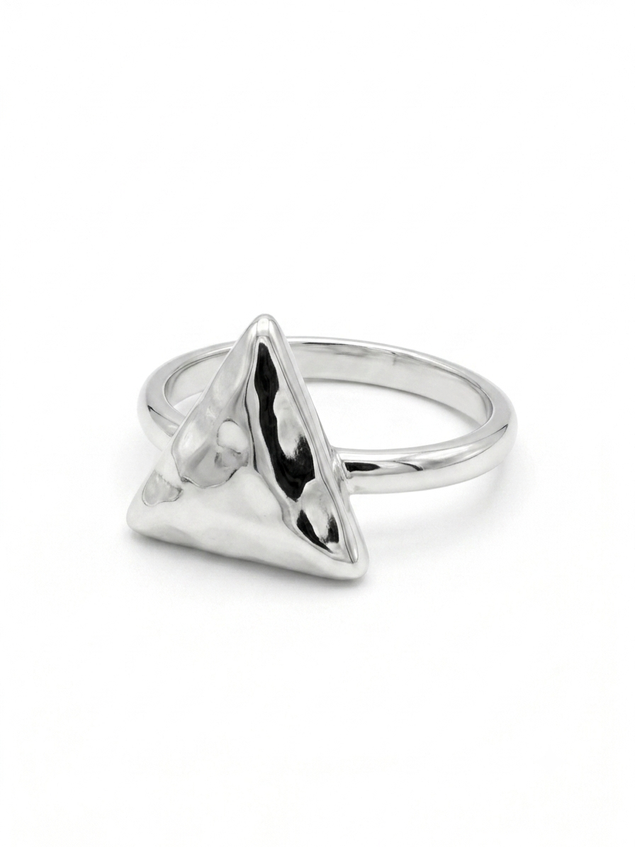Silver Hammered Triangle Ring - Geometric Statement Band - Image 2