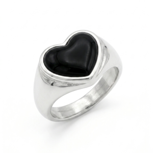 Silver Black Heart Signet Ring - Black Onyx Heart Statement Band - Image 2