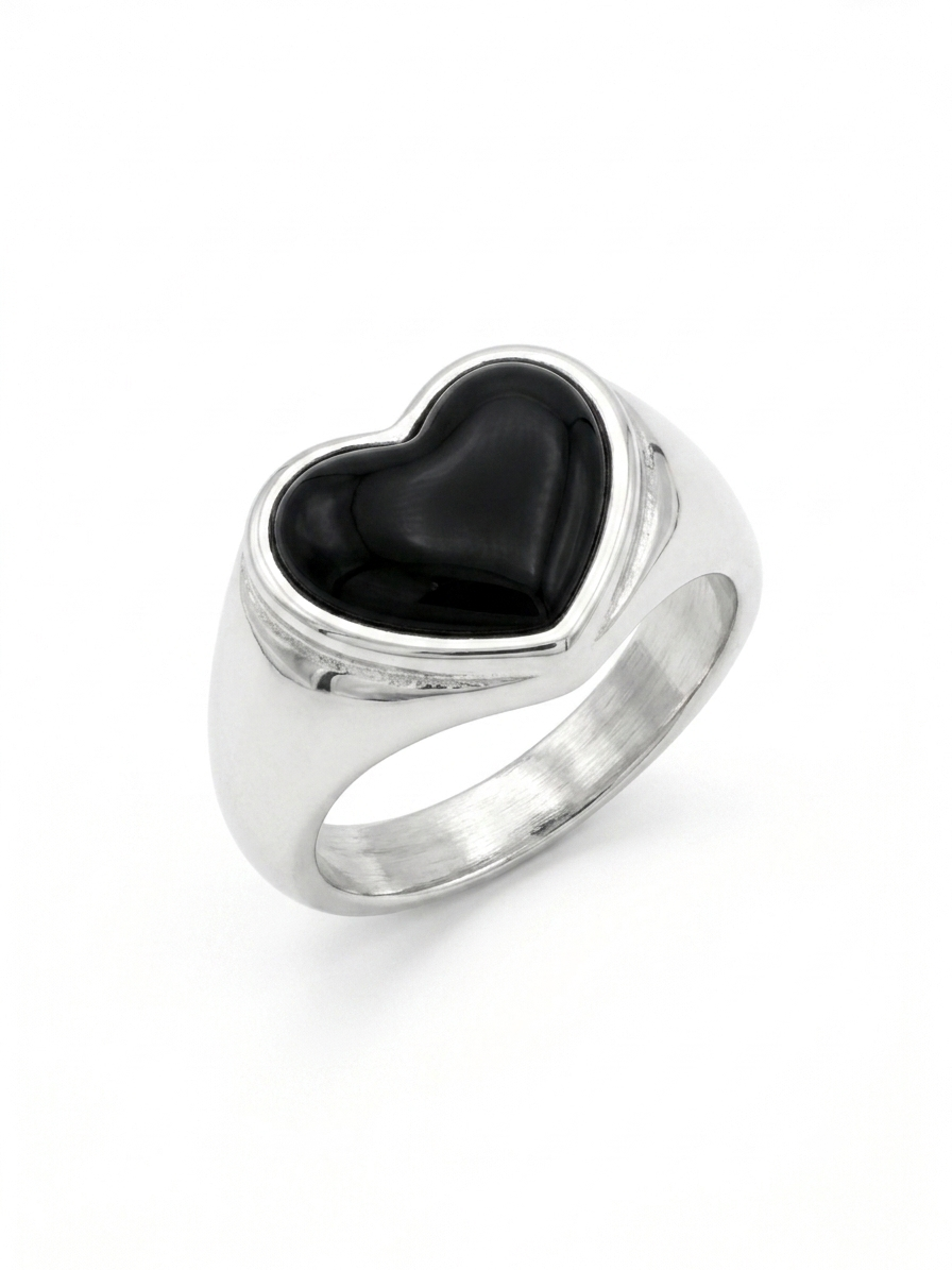 Silver Black Heart Signet Ring - Black Onyx Heart Statement Band - Image 2