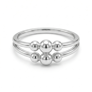 Silver Double Band Bead Ring - Minimalist Beaded Sphere Ring - Image 2