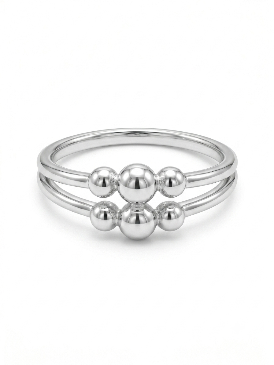 Silver Double Band Bead Ring - Minimalist Beaded Sphere Ring - Image 2