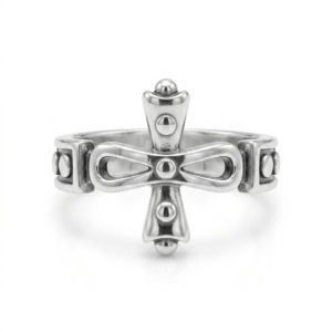 Silver Beaded Cross Ring - Vintage Gothic Studded Cross Band - Image 2