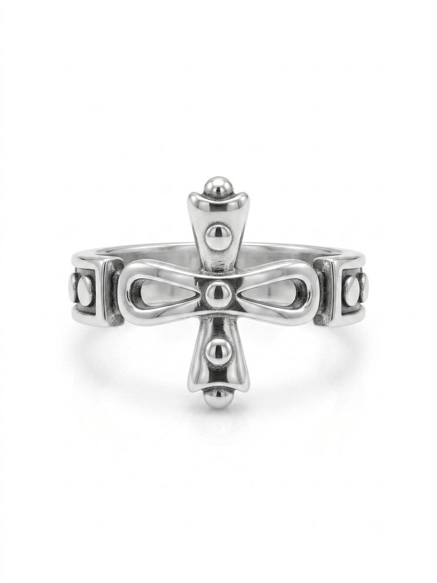 Silver Beaded Cross Ring - Vintage Gothic Studded Cross Band - Image 2