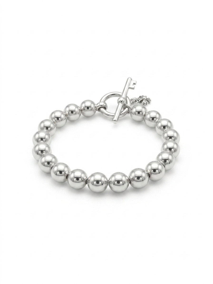 Silver Beaded Toggle Bracelet - Key & Floral Charm Bracelet - Image 2