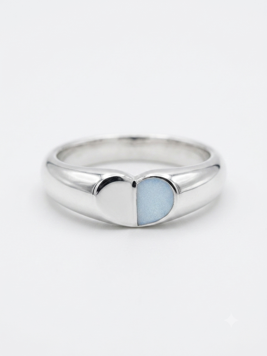 Silver Split Heart Ring - Light Blue Enamel Dome Band - Image 2