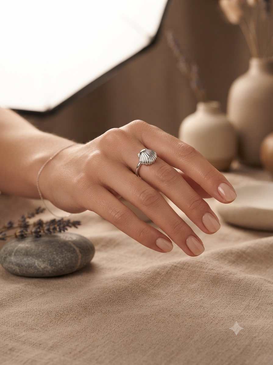 Silver Seashell Ring - Ocean Scallop Shell Band